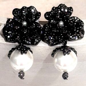 Laurence Coste Colette Earrings Black Crystals with Pearl